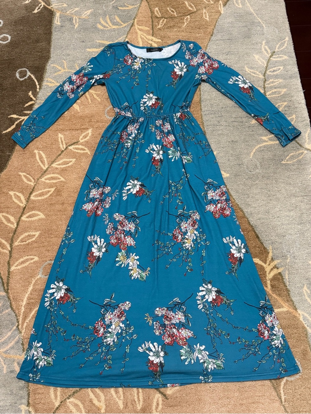 Teal Floral Long-Sleeve Maxi Dress